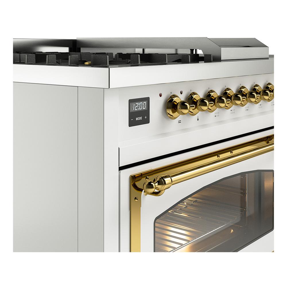 ILVE UN48FSNMPWHGLP Nostalgie II Noblesse 48 inch Dual Fuel Range (5 Sealed Burners + Griddle + French Top, Liquid Propane, Triple Glass Door, White, Brass)