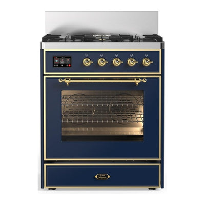 ILVE UM30NR3MBGLP Majestic III 30 inch Dual Fuel Range with 5 Black Brass Burners, Dual Function Burner up to 25,000 BTU (Liquid Propane, Triple Glass Door, Midnight Blue, Brass)