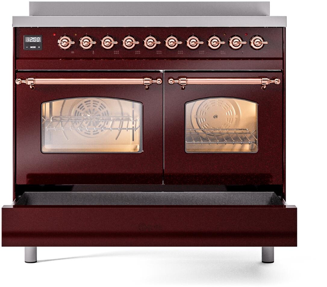 Nostalgie II 40 Inch Electric Freestanding Range in Burgundy with Copper Trim