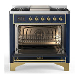 ILVE UM36FNR3MBG Majestic III 36 inch Dual Fuel Range with 6 Black Brass Burners and Griddle, Dual Function Burner up to 25,000 BTU (Triple Glass Door, Midnight Blue, Brass, Natural Gas)
