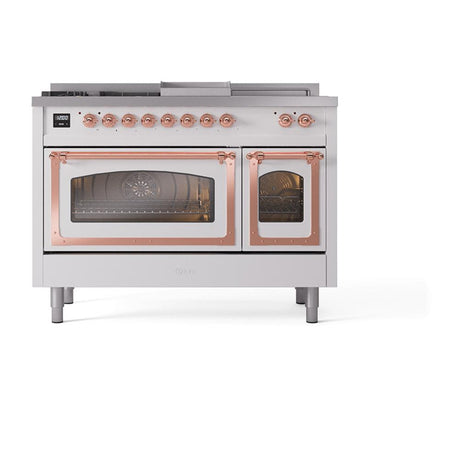 ILVE UN48FSNMPWHP Nostalgie II Noblesse 48 inch Dual Fuel Range (5 Sealed Burners + Griddle + French Top, Natural Gas, Triple Glass Door, White, Copper)