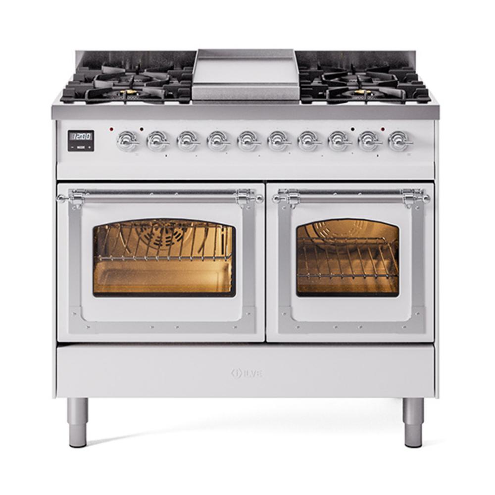ILVE UND40FNMPWHCLP Nostalgie II Noblesse 40 inch Dual Fuel Range (Liquid Propane, Triple Glass Door, White, Chrome)