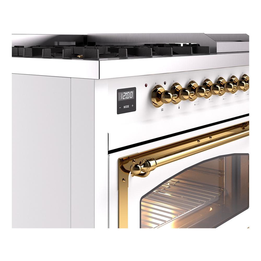 ILVE UN48FNMPWHG Nostalgie II Noblesse 48 inch Dual Fuel Range (8 Sealed Burners + Griddle, Natural Gas, Triple Glass Door, White, Brass)