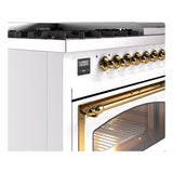 ILVE UN48FNMPWHG Nostalgie II Noblesse 48 inch Dual Fuel Range (8 Sealed Burners + Griddle, Natural Gas, Triple Glass Door, White, Brass)