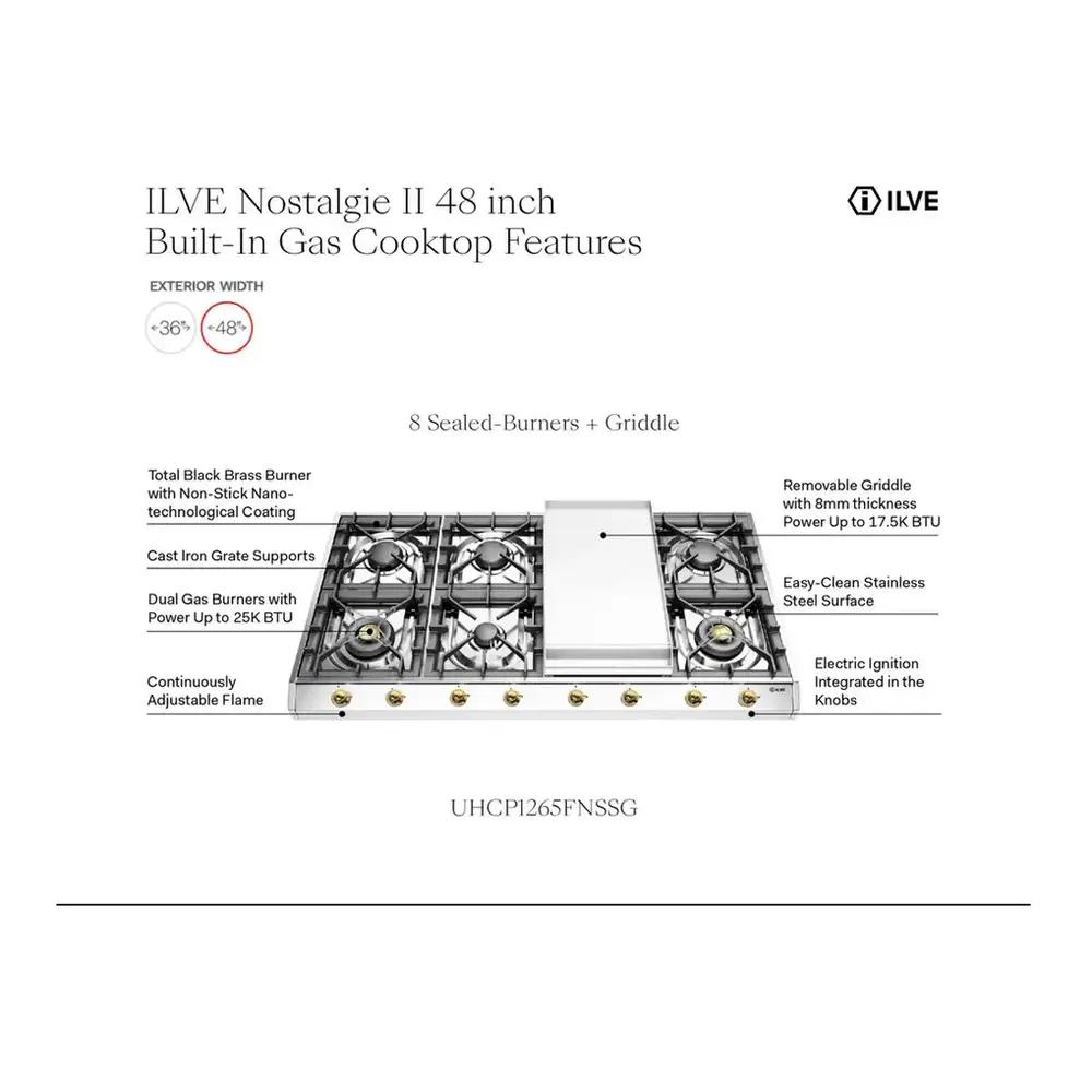 ILVE UHCP1265FNSSC Nostalgie II 48 inch Built-In Gas Cooktop with 8 Burners, Griddle, in Stainless Steel (Natural Gas, Chrome)