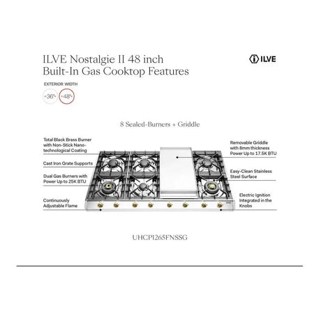 ILVE UHCP1265FNSSC Nostalgie II 48 inch Built-In Gas Cooktop with 8 Burners, Griddle, in Stainless Steel (Natural Gas, Chrome)