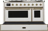 Majestic II 48 Inch Dual Fuel Natural Gas Freestanding Range in White with Brass Trim