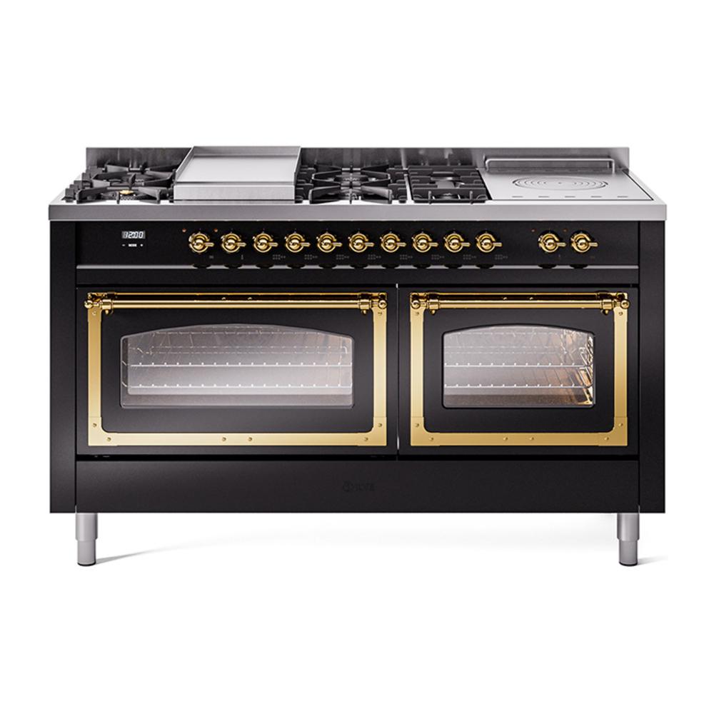 ILVE UN60FSNMPBKGLP Nostalgie II Noblesse 60 inch Dual Fuel Range (7 Sealed Burners + Griddle + French Top, Liquid Propane, Triple Glass Door, Glossy Black, Brass)
