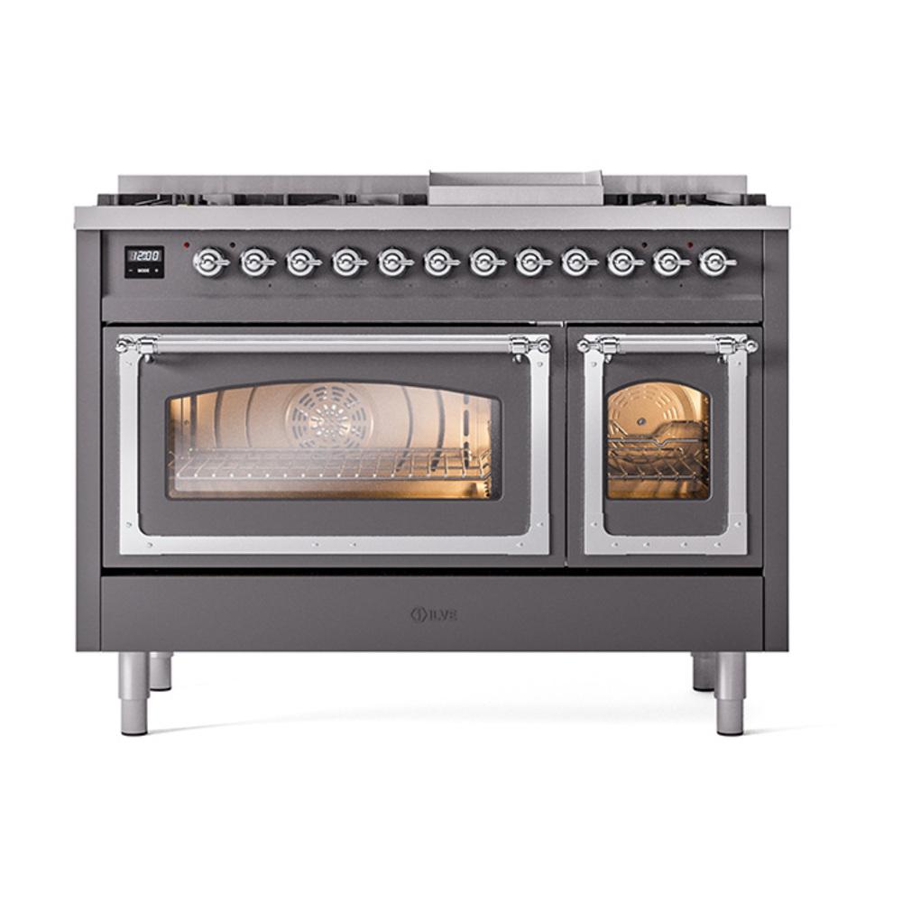 ILVE UN48FNMPMGCLP Nostalgie II Noblesse 48 inch Dual Fuel Range (8 Sealed Burners + Griddle, Liquid Propane, Triple Glass Door, Graphite Matte, Chrome)