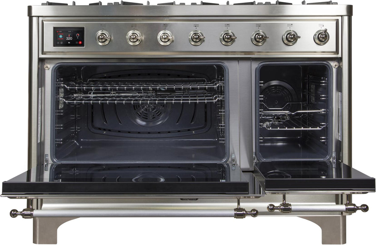 Majestic II 48 Inch Dual Fuel Natural Gas Freestanding Range in Stainless Steel with Chrome Trim