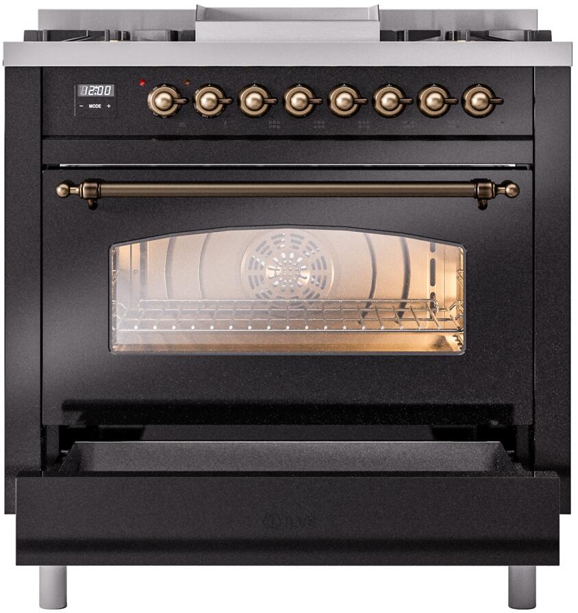 Nostalgie II 36 Inch Dual Fuel Natural Gas Freestanding Range in Glossy Black with Bronze Trim