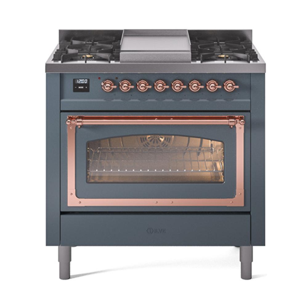 ILVE UN36FNMPBGPLP Nostalgie II Noblesse 36 inch Dual Fuel Range (Liquid Propane, Triple Glass Door, Blue Grey, Copper)
