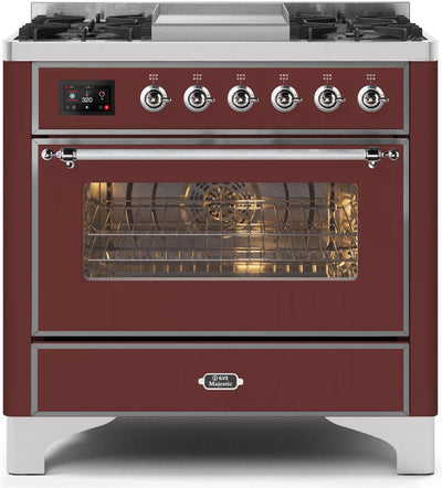 Majestic II 36 Inch Dual Fuel Natural Gas Freestanding Range in Burgundy with Chrome Trim