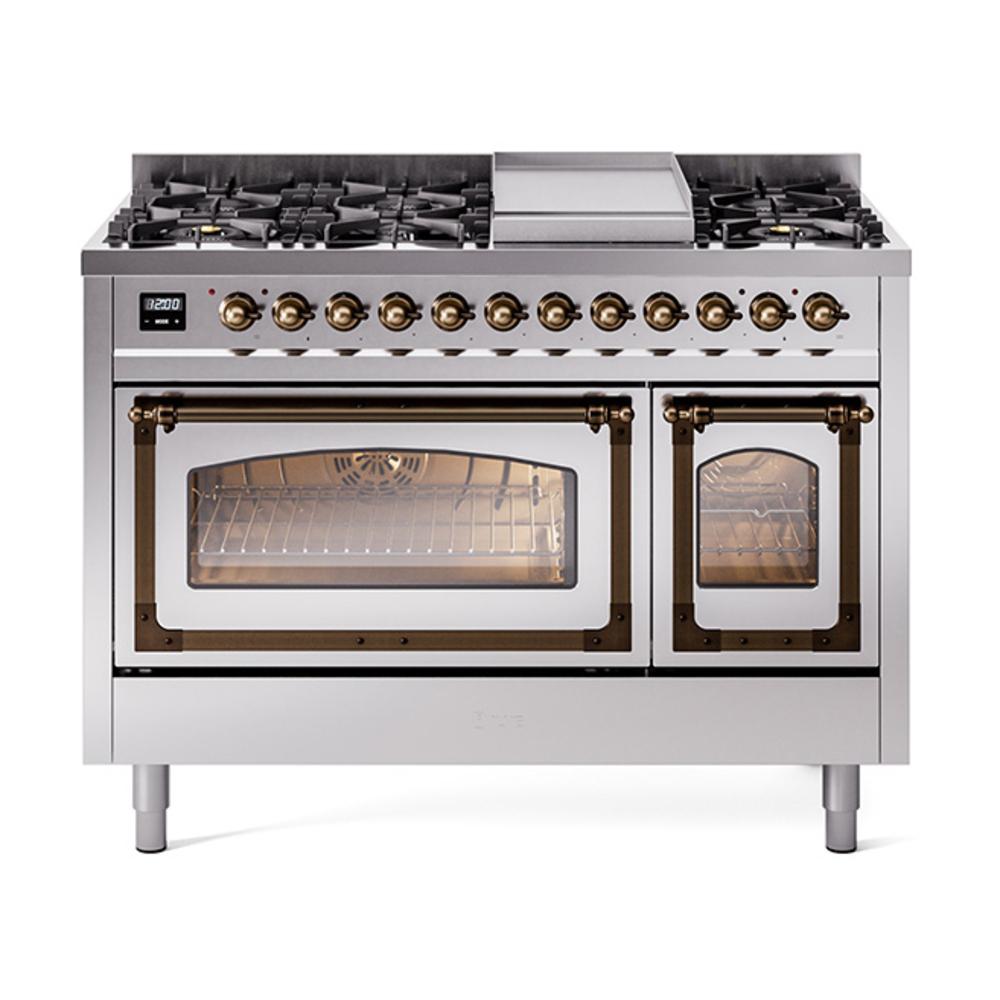 ILVE UN48FNMPSSBLP Nostalgie II Noblesse 48 inch Dual Fuel Range (8 Sealed Burners + Griddle, Liquid Propane, Triple Glass Door, Stainless Steel, Burnished)