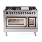 ILVE UN48FNMPSSBLP Nostalgie II Noblesse 48 inch Dual Fuel Range (8 Sealed Burners + Griddle, Liquid Propane, Triple Glass Door, Stainless Steel, Burnished)