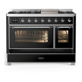 ILVE UM48FNR3BKCLP Majestic III 48 inch Dual Fuel Range with 8 Burners and Griddle, Dual Function Burner up to 25,000 BTU (Liquid Propane, Triple Glass Door, Glossy Black, Chrome)