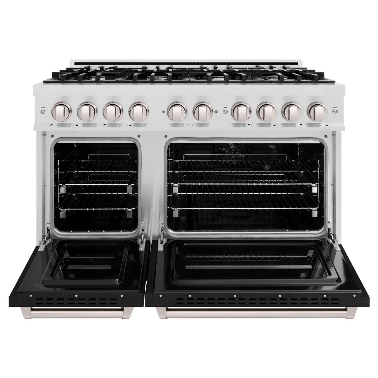 ZLINE 48 in. 6.7 cu. ft. Classic Double Oven Dual Fuel Range with 8 Burner Gas Cooktop in DuraSnow' Stainless Steel with Black Matte Doors (CDRS-BLM-48)