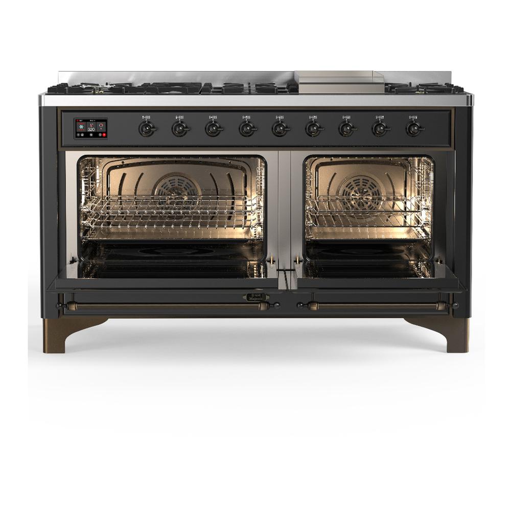 ILVE UM60FQNR3MGBLP Majestic III 60 inch Dual Fuel Range with 9 Burners and Griddle, Dual Function Burner up to 25,000 BTU (Liquid Propane, Solid Door, Graphite Matte, Burnished)
