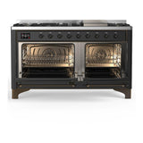 ILVE UM60FQNR3MGBLP Majestic III 60 inch Dual Fuel Range with 9 Burners and Griddle, Dual Function Burner up to 25,000 BTU (Liquid Propane, Solid Door, Graphite Matte, Burnished)