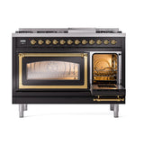 ILVE UN48FNMPBKG Nostalgie II Noblesse 48 inch Dual Fuel Range (8 Sealed Burners + Griddle, Natural Gas, Triple Glass Door, Glossy Black, Brass)