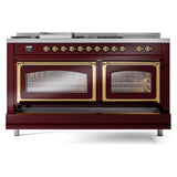 ILVE UN60FSNMPBUGLP Nostalgie II Noblesse 60 inch Dual Fuel Range (7 Sealed Burners + Griddle + French Top, Liquid Propane, Triple Glass Door, Burgundy, Brass)