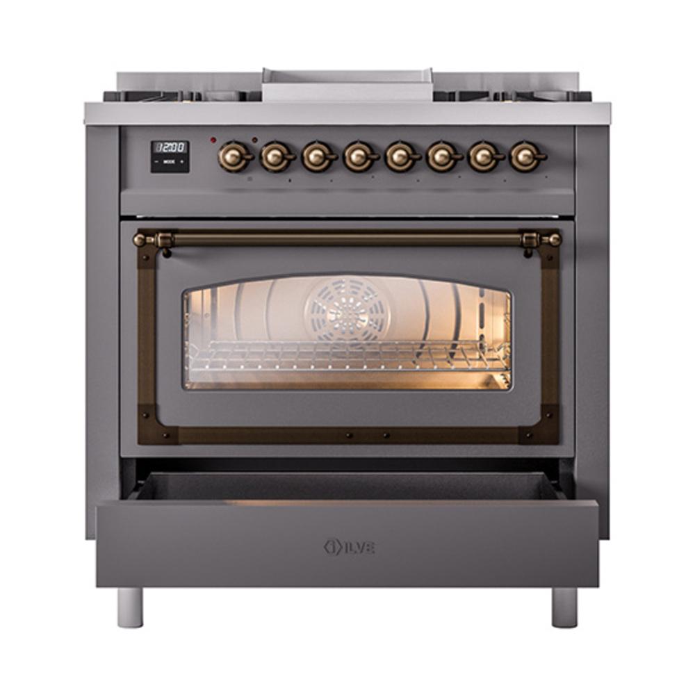 ILVE UN36FNMPMGB Nostalgie II Noblesse 36 inch Dual Fuel Range (Natural Gas, Triple Glass Door, Graphite Matte, Burnished)