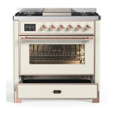 ILVE UM36FNR3AWPLP Majestic III 36 inch Dual Fuel Range with 6 Black Brass Burners and Griddle, Dual Function Burner up to 25,000 BTU (Triple Glass Door, Antique White, Copper, Liquid Propane)