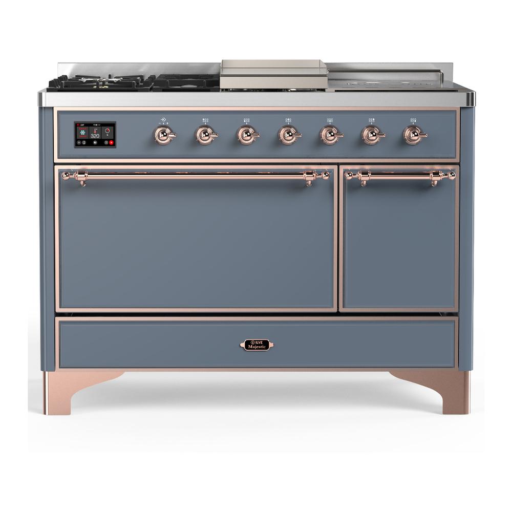 ILVE UM48FSQNR3BGP Majestic III 48 inch Dual Fuel Range with 5 Black Brass Burners, Griddle and French Top, Dual Function Burner up to 25,000 BTU (Natural Gas, Solid Door, Blue Grey, Copper)