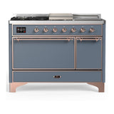 ILVE UM48FSQNR3BGP Majestic III 48 inch Dual Fuel Range with 5 Black Brass Burners, Griddle and French Top, Dual Function Burner up to 25,000 BTU (Natural Gas, Solid Door, Blue Grey, Copper)