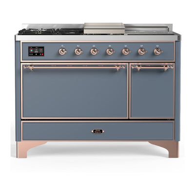 ILVE UM48FSQNR3BGP Majestic III 48 inch Dual Fuel Range with 5 Black Brass Burners, Griddle and French Top, Dual Function Burner up to 25,000 BTU (Natural Gas, Solid Door, Blue Grey, Copper)
