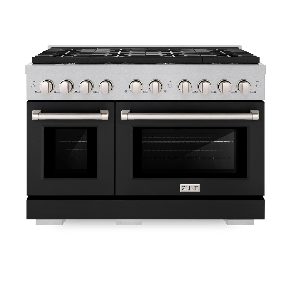 ZLINE 48 in. 6.7 cu. ft. 8 Burner Double Oven Gas Range in DuraSnow' Stainless Steel with Black Matte Doors (SGRS-BLM-48)