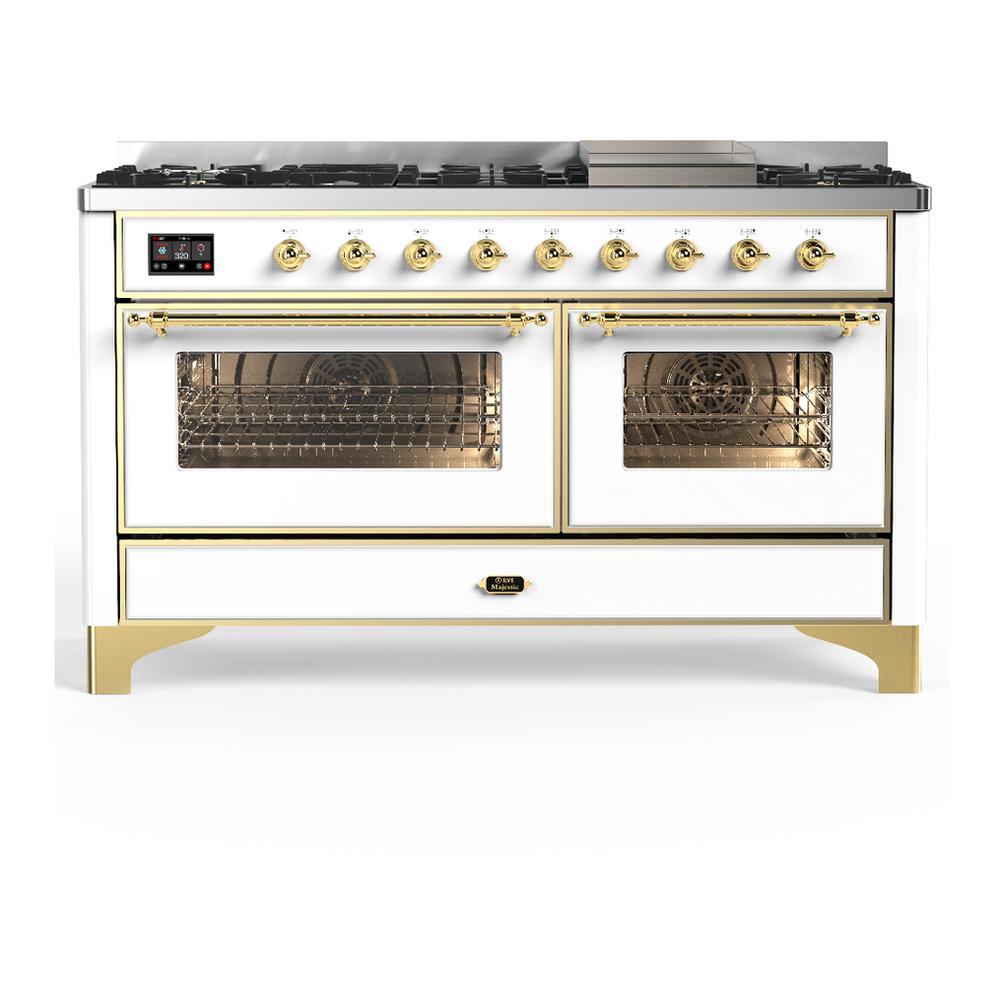 ILVE UM60FNR3WHGLP Majestic III 60 inch Dual Fuel Range with 9 Burners and Griddle, Dual Function Burner up to 25,000 BTU (Liquid Propane, Triple Glass Door, White, Brass)