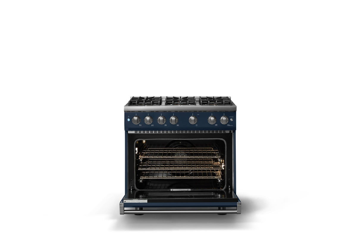 36"W. Sealed Burner Gas Range (Burner: 6b, Finish: Slate Blue, Trim: Polished Chrome, Fuel: Natural Gas)