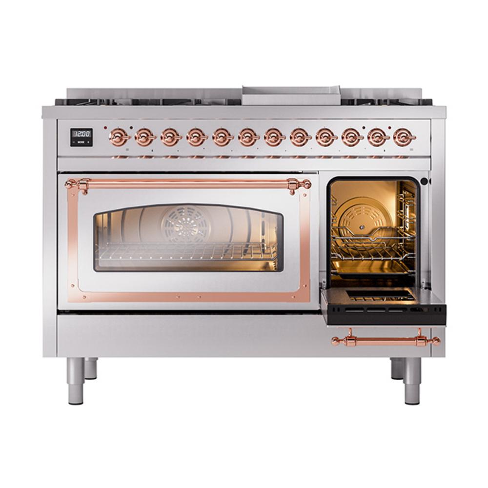 ILVE UN48FNMPSSP Nostalgie II Noblesse 48 inch Dual Fuel Range (8 Sealed Burners + Griddle, Natural Gas, Triple Glass Door, Stainless Steel, Copper)