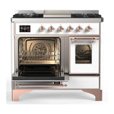 ILVE UMD40FNR3WHPLP Majestic III 40 inch Dual Fuel Range with 6 Burners and Griddle, Dual Function Burner up to 25,000 BTU (Liquid Propane, Triple Glass Door, White, Copper)