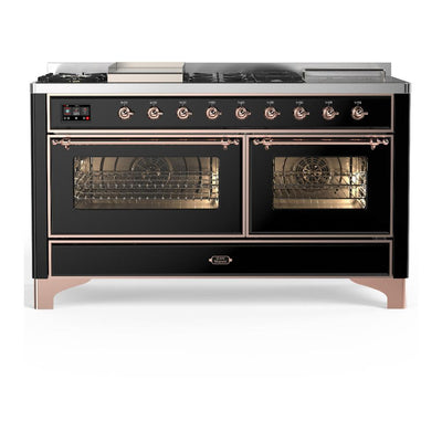 ILVE UM60FSNR3BKP Majestic III 60 inch Dual Fuel Range with 7 Burners, Griddle and French Top, Dual Function Burner with up to 25,000 BTU (Natural Gas, Triple Glass Door, Glossy Black, Copper)