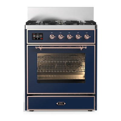 ILVE UM30NR3MBPLP Majestic III 30 inch Dual Fuel Range with 5 Black Brass Burners, Dual Function Burner up to 25,000 BTU (Liquid Propane, Triple Glass Door, Midnight Blue, Copper)