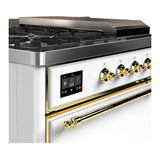 ILVE UM48FSQNR3WHG Majestic III 48 inch Dual Fuel Range with 5 Black Brass Burners, Griddle and French Top, Dual Function Burner up to 25,000 BTU (Natural Gas, Solid Door, White, Brass)