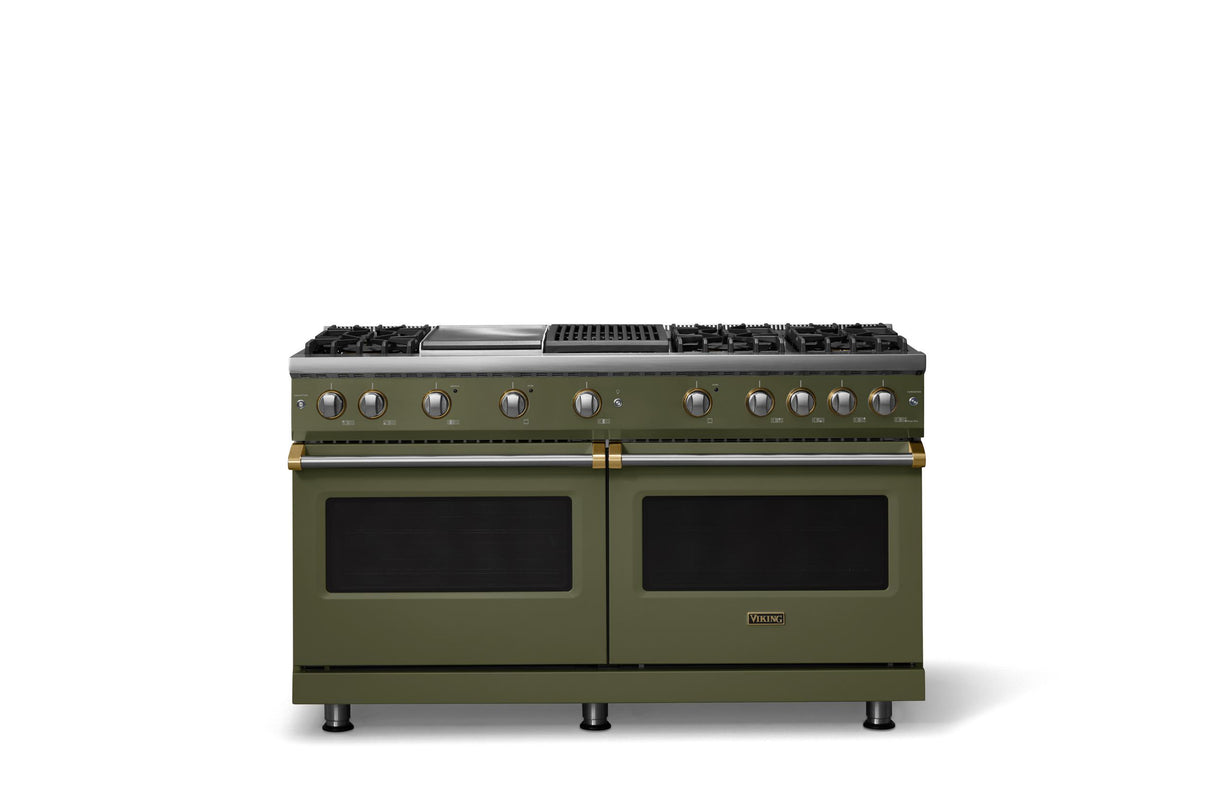 60"W. Sealed Burner Gas Range (Finish: Martini, Trim: Brushed Brass, Fuel: Propane)