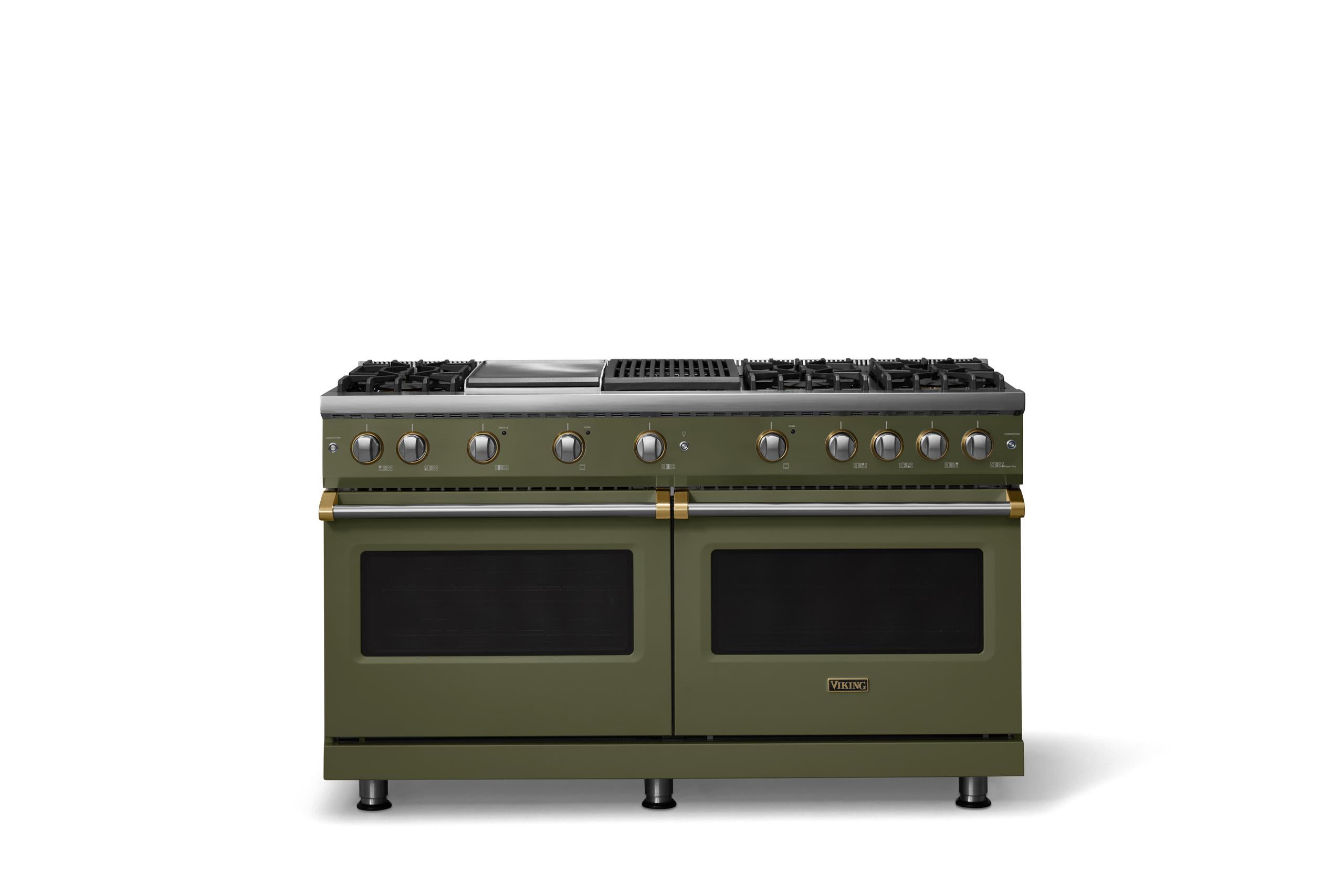 60"W. Sealed Burner Gas Range (Finish: Martini, Trim: Brushed Brass, Fuel: Propane)