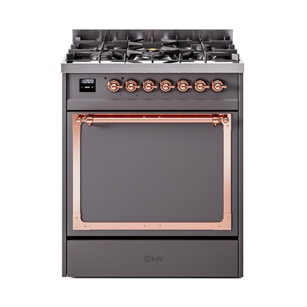 ILVE UN30QNMPMGP Nostalgie II Noblesse 30 inch Dual Fuel Range (Natural Gas, Solid Door, Graphite Matte, Copper)