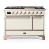 ILVE UM48FQNR3AWP Majestic III 48 inch Dual Fuel Range with 8 Burners and Griddle, Dual Function Burner up to 25,000 BTU (Natural Gas, Solid Door, Antique White, Copper)