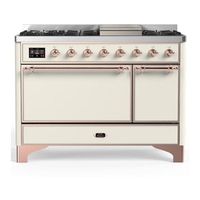 ILVE UM48FQNR3AWP Majestic III 48 inch Dual Fuel Range with 8 Burners and Griddle, Dual Function Burner up to 25,000 BTU (Natural Gas, Solid Door, Antique White, Copper)