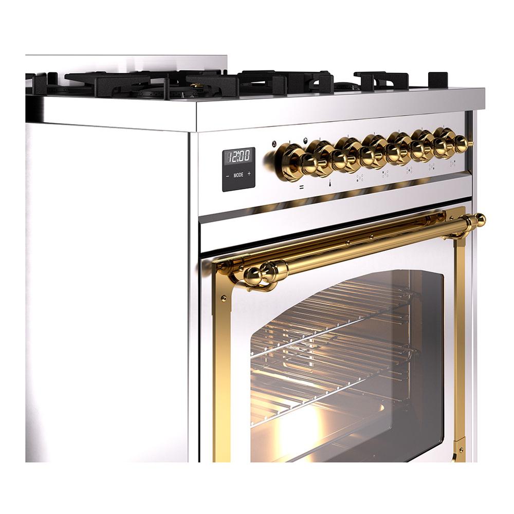 ILVE UN30NMPSSG Nostalgie II Noblesse 30 inch Dual Fuel Range (Natural Gas, Triple Glass Door, Stainless Steel, Brass)