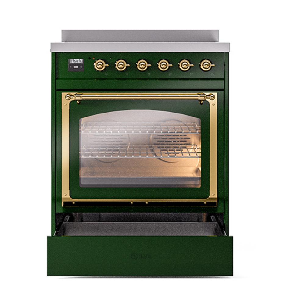 ILVE UNI304NMPEGG Nostalgie II Noblesse 30 inch Induction Range (Triple Glass Door, Emerald Green, Brass)