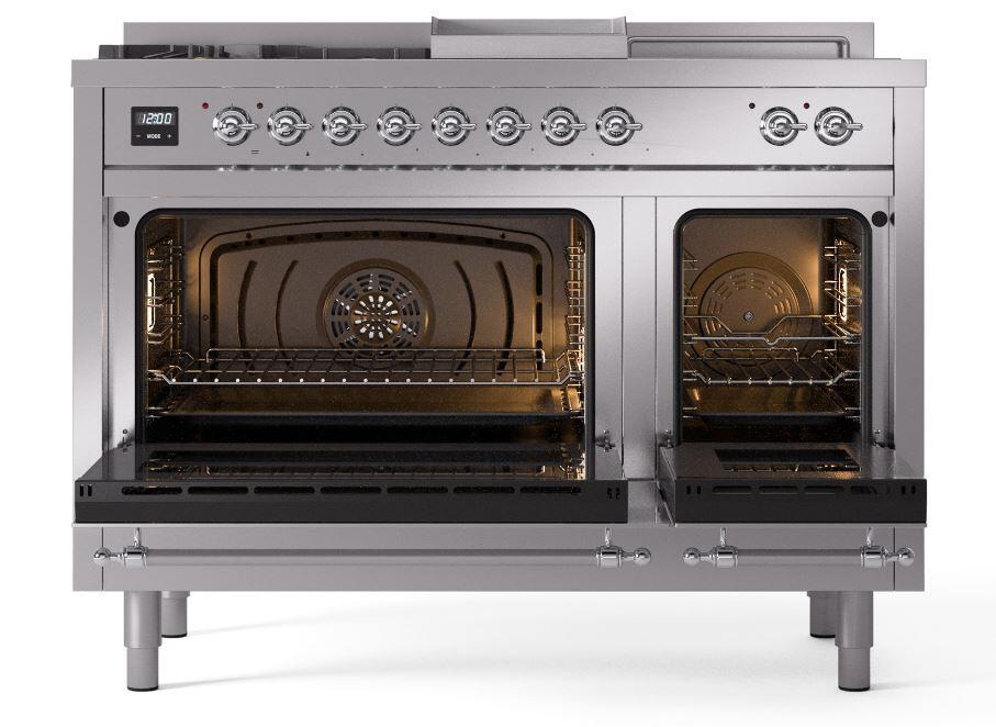 Nostalgie II 48 Inch Dual Fuel Natural Gas Freestanding Range in Stainless Steel with Chrome Trim