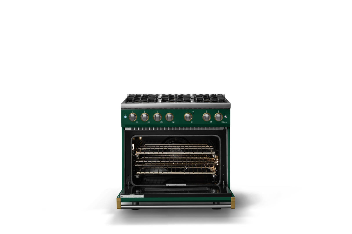 36"W. Sealed Burner Gas Range (Burner: 6b, Finish: Ivy, Trim: Brushed Brass, Fuel: Natural Gas)