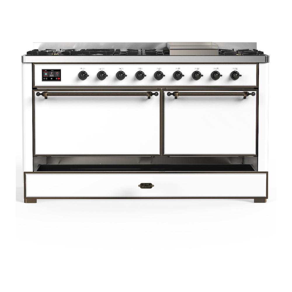 ILVE UM60FQNR3WHBLP Majestic III 60 inch Dual Fuel Range with 9 Burners and Griddle, Dual Function Burner up to 25,000 BTU (Liquid Propane, Solid Door, White, Burnished)