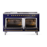 ILVE UN60FSNMPMBG Nostalgie II Noblesse 60 inch Dual Fuel Range (7 Sealed Burners + Griddle + French Top, Natural Gas, Triple Glass Door, Midnight Blue, Brass)