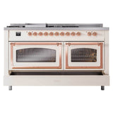 ILVE UN60FSNMPAWP Nostalgie II Noblesse 60 inch Dual Fuel Range (7 Sealed Burners + Griddle + French Top, Natural Gas, Triple Glass Door, Antique White, Copper)
